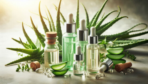 Aromatic essential oils and aloe vera gel are beautifully arranged, showcasing serene and natural skincare setup. vibrant green of aloe complements elegant glass bottles, creating calming atmosphere