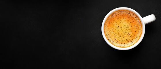  A tight shot of a coffee cup against a black background, a spoon hovering over its center