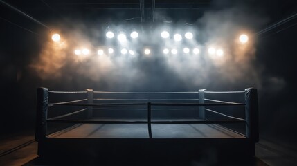 An empty boxing ring lit by intense overhead spotlights, surrounded by mist in a dark, atmospheric arena setting.
