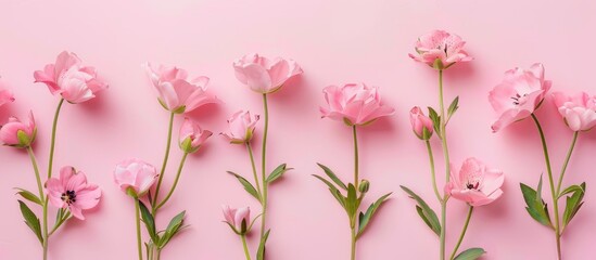 Flowers Composition Pink Flowers On Pink Background Easter Spring Concept Greeting Card Flat Lay Top View