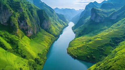 A serene river flows through a picturesque valley surrounded by vibrant green terraced hills, set against distant mountains.