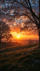 Naklejka premium Golden sunset through silhouetted tree branches against vibrant orange sky symbolizing end of day