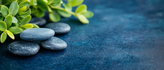Fototapeta premium A tight shot of rocks and a plant against a blue water backdrop, adorned with water droplets on the stones