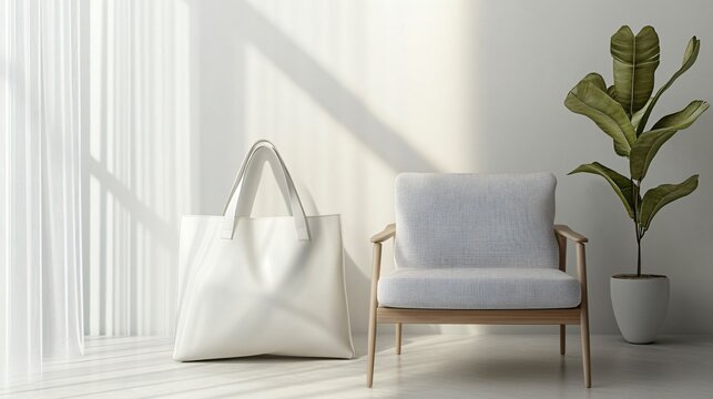 A contemporary oversized tote bag in white with sharp edges and minimal hardware, leaning against a simple chair in a minimalist room - Powered by Adobe