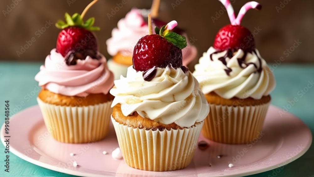 Sticker  Deliciously sweet strawberry cupcakes ready to be enjoyed