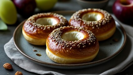 Fototapeta premium Deliciously baked seeded bagels ready to be enjoyed
