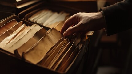 A hand sifts through worn, yellowed documents stored in a wooden drawer..