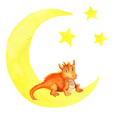 Orange dragon on crescent and stars. Watercolor illustration on white background. For shower design, postcard, invitation, cards, posters, stickers