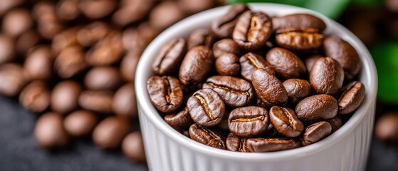 Fototapeta premium A white cup, brimmed with coffee beans, rests atop a table Nearby, an accumulation of additional beans awaits