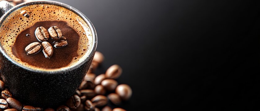  A tight shot of a coffee cup atop java beans, a bee perched above