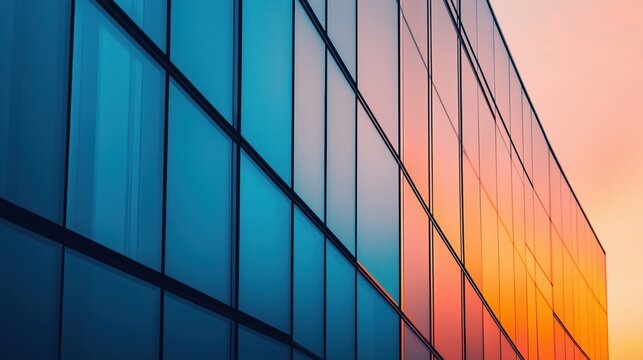 Image of a glass building reflecting vibrant blue and orange hues during sunset.