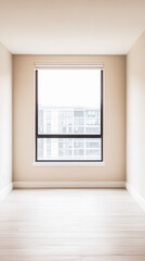 Fototapeta premium A bright, empty room with a large window showcasing modern urban architecture on a sunny day