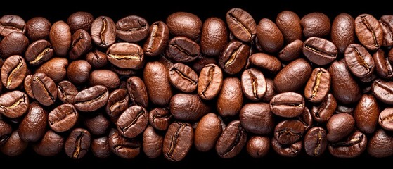 Fototapeta premium A black table is covered with a heap of coffee beans, stacked neatly next to one another
