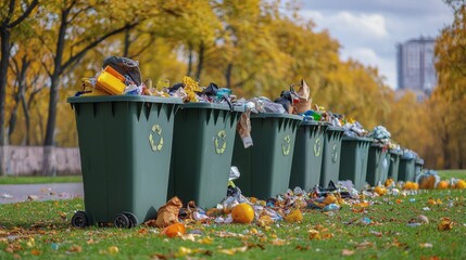 Green Recycling Bins Overflowing With Garbage on Grass