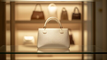 Fototapeta premium A minimalist designer purse in soft crem, placed on a glass shelf in a boutique setting, with soft lighting highlighting its smooth texture