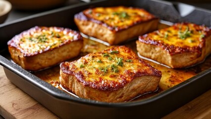  Deliciously baked meat with melted cheese and herbs