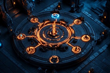 Fantasy leadership structure, where a council of wizards leads departments, and glowing runes represent connections between enchanted teams