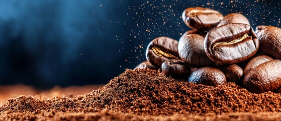  A pile of coffee beans atop another pile, both atop a third pile of ground beans