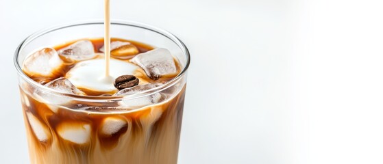  A tall glass of iced coffee, filled with ice cubes, as milk is drizzled in