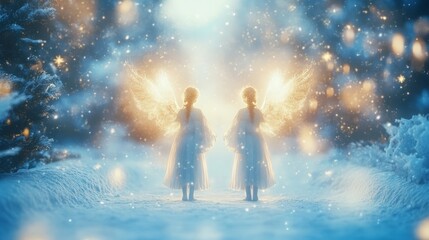 Angels in winter-themed attire, with delicate snowflakes and glowing halos creating a celestial and magical atmosphere