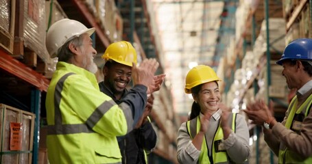 Warehouse, team and celebration for success with hands, together in freight, logistics or shipping company. Group, people and tech in distribution, trade and job in factory, supply chain or industry