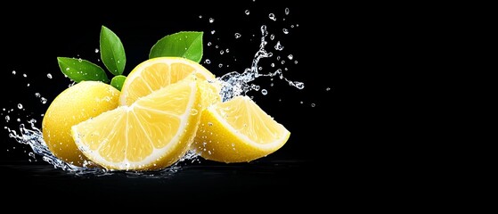  Group of lemons with green leaves, splashing out of deep black water A large water splash envelops them