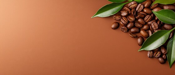 Obraz premium Coffee Beans Pile with Green Leave Accents against Brown Backdrop Text space on left