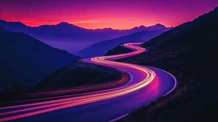 A road with mountains in the background, long exposure photography style, light trails, dark sky, nighttime, winding road, mountain range 