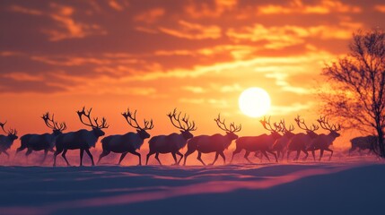 Herd of reindeer trekking across a snowy plain, antlers silhouetted against a winter sunset