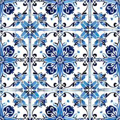 Fototapeta premium Seamless ornate azulejo ceramic tile art pattern wallpaper background backdrop. Blue abstract ornaments, glazed tilework from Spain and Portugal