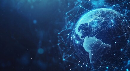 Elegant blue background with white lines and dots connecting the Earth, symbolizing a global network connection