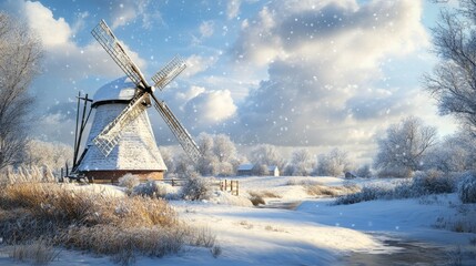 Snow-covered windmill in a rural landscape, picturesque winter scene