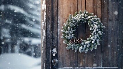 Snow-dusted evergreen wreath on a rustic door, inviting winter entrance