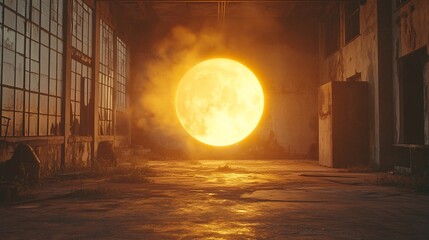 A large, full moon fills the window of an abandoned building.