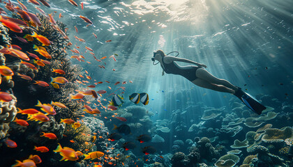 Woman scuba diver diving underwater, coral reef, exotic fish background. Travel, swimming adventure in shallow waters wallpaper