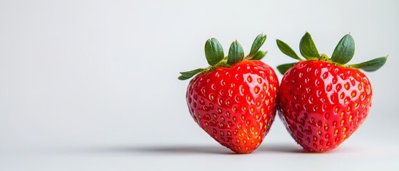  Two strawberries placed together on a white table near a white wall