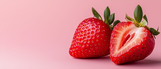  Two strawberries resting on a pink surface, one bearing a green leaf atop