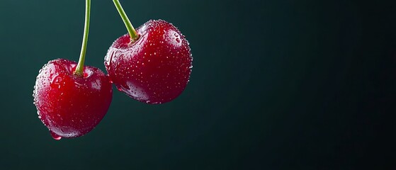  Two cherries with water droplets, hanging from a green stem against a black backdrop Dark green background