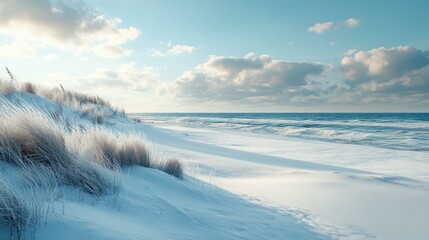 Obraz premium Winter beach with snow on the sand, unique coastal scene