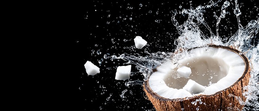  A tight shot of a split coconut, water cascading over it, and ice cubes encircling the edge