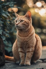  A cat in focus sits on a stone floor, nearby is a well-defined potted plant Background softly blurred