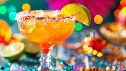 A vibrant margarita served in a salt-rimmed glass, garnished with a lime wedge