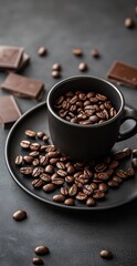 Fototapeta premium A cup of coffee atop a saucer, nearby rests a saucerful of coffee beans A bar of chocolate sits separate