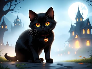 Witchs Cat in Magical Hat Near Evil Pumpkin Haunted Forest Halloween Night Illustration