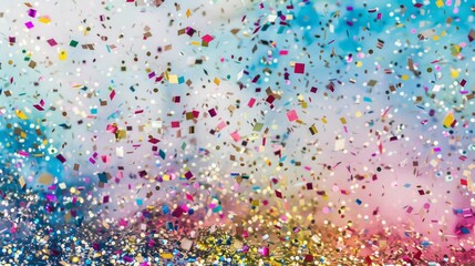 A colorful explosion of confetti is scattered across the sky