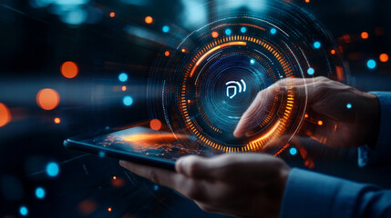 A futuristic digital speedometer overlay with a person using a tablet in the background, symbolizing technology, speed, and data-driven performance.
