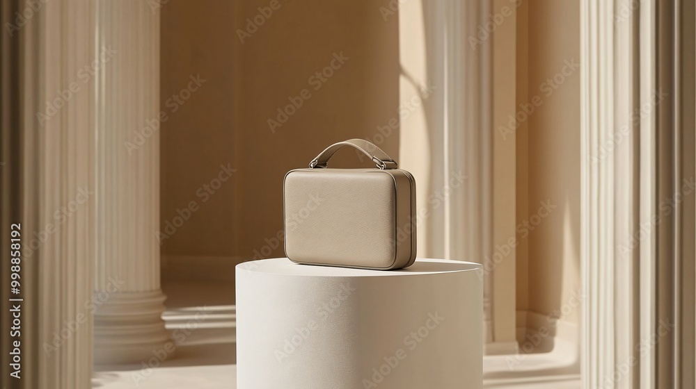 Fototapete A small, boxy minimalist purse with a smooth matte finish and no visible logos, placed on a white pedestal in an art-gallery-style setting
