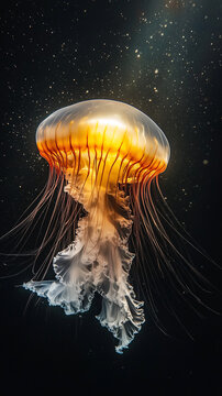 Glowing Atolla Jellyfish Pulsating in Deep Sea Light