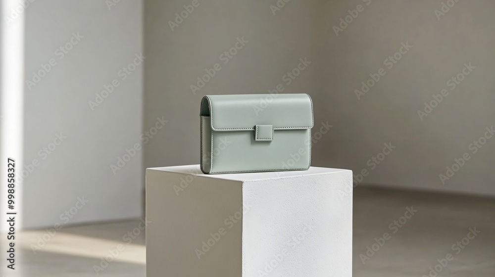Fototapete a small, boxy minimalist purse with a smooth matte finish and no visible logos, placed on a white pe