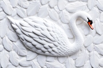 Obraz premium Elegant white swan feather texture on a 3D wall, intricate design, soft curves, inviting atmosphere, perfect for elegant decor or branding, ample copy space available.